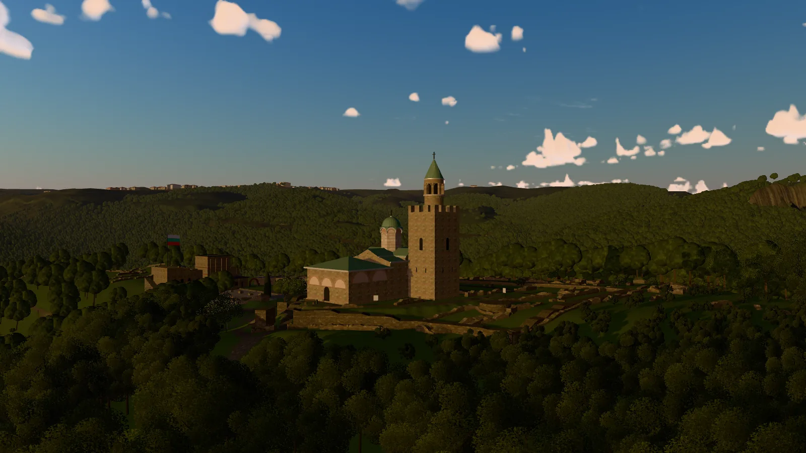 The church and its bell tower in the golden hour, the clouds turning rose