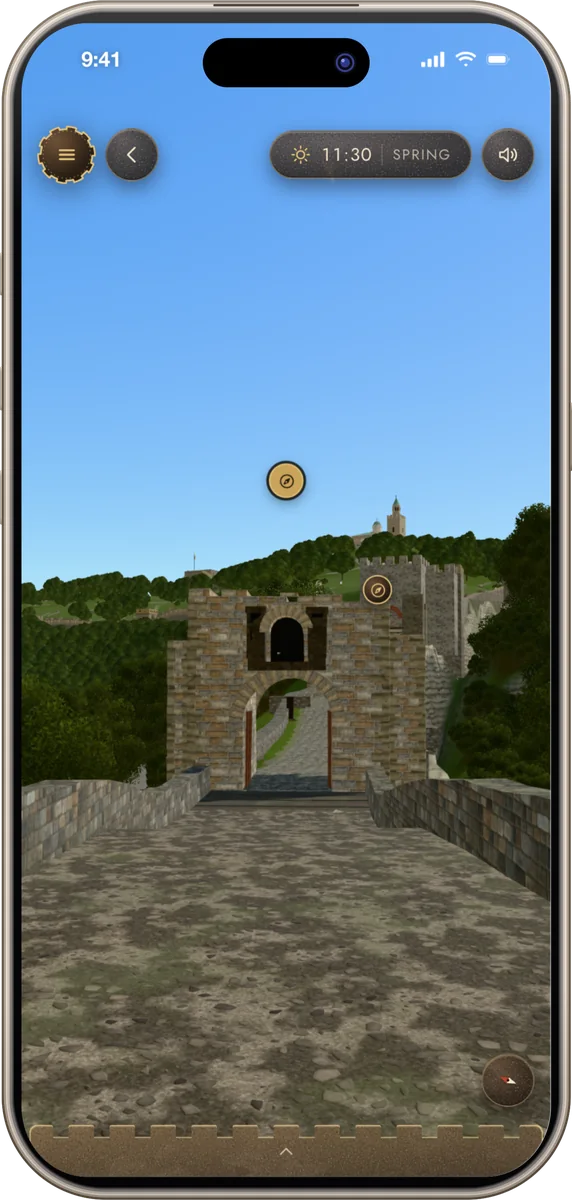 Walking at eye height on the bridge over the Cut Rock towards the Main Gate