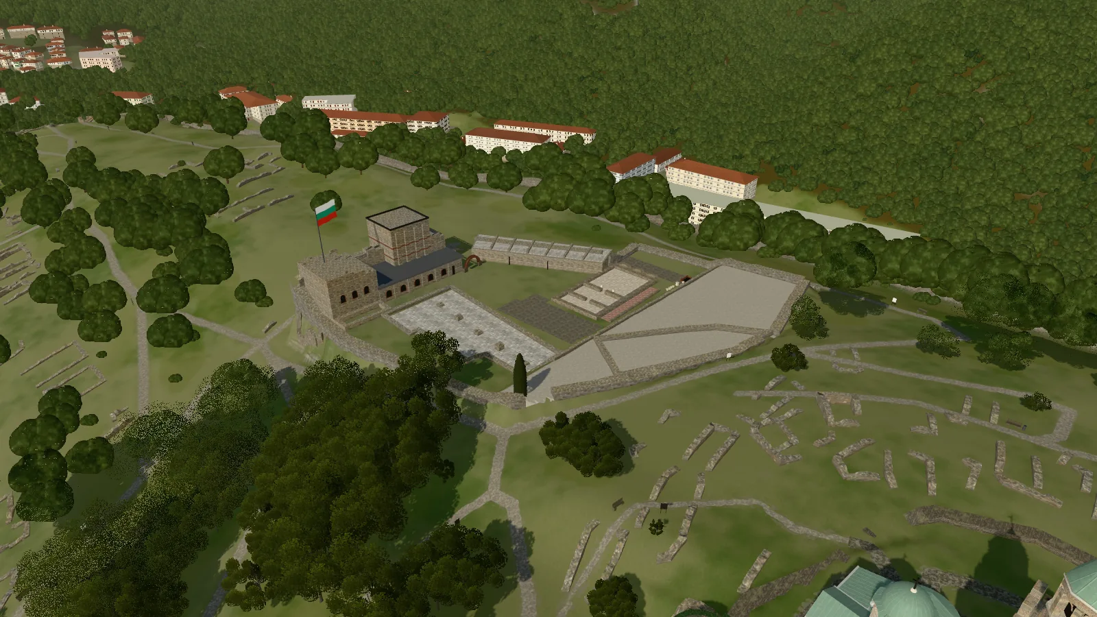 The palace on Tsarevets today: its foundations and the restored walls in the grass