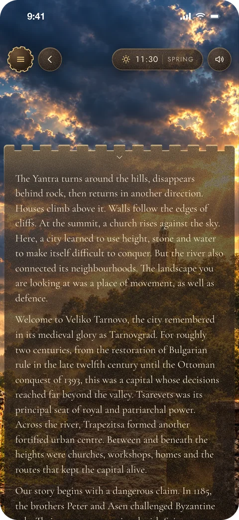 The introduction to Tsarevets and Veliko Tarnovo, open over the picture of the tower