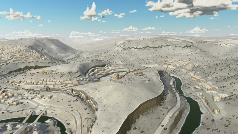 The same view in winter, the hill and the town under snow