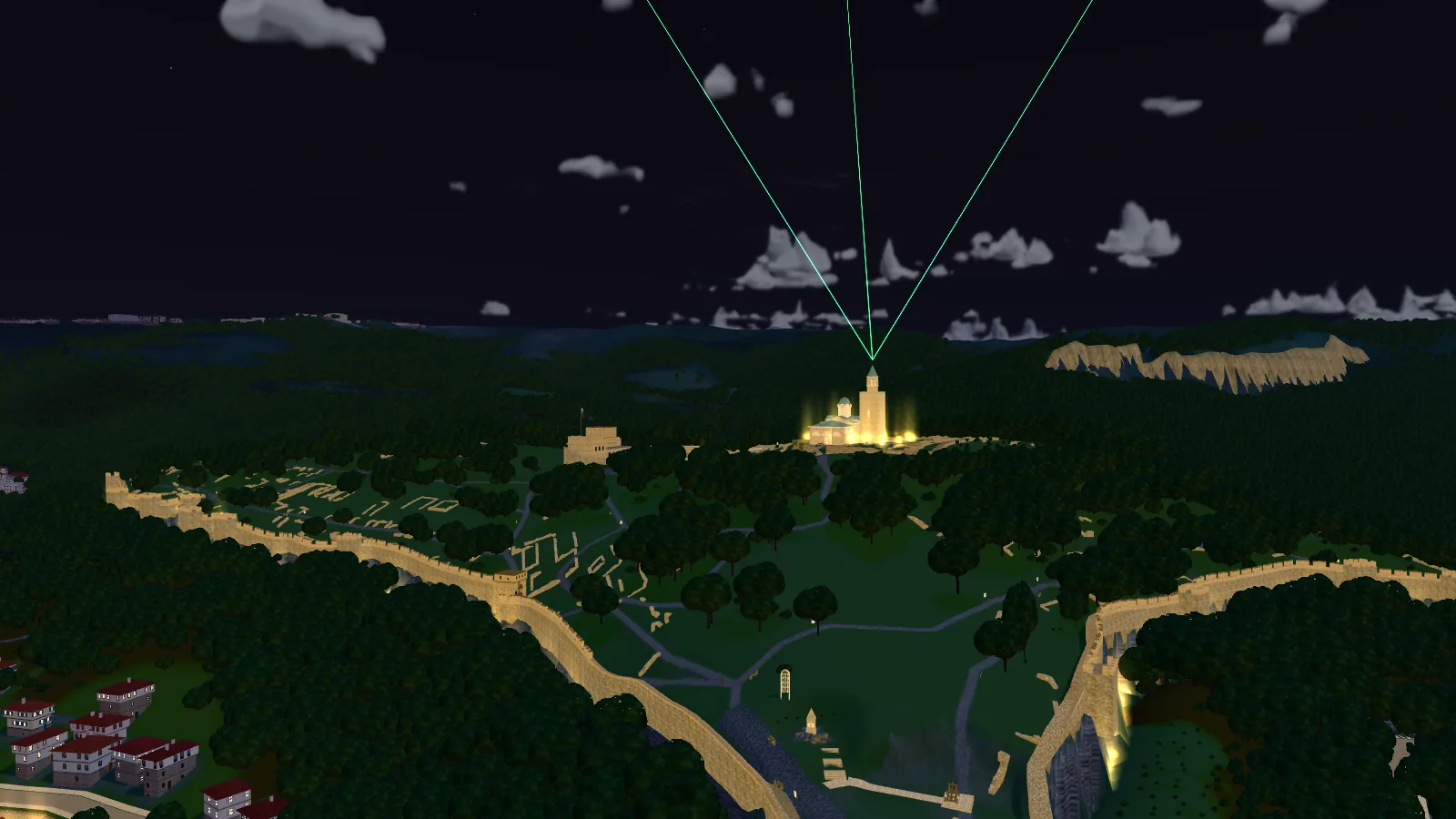 Sound and Light over Tsarevets: the walls lit gold all round the hill and green lasers rising from the summit